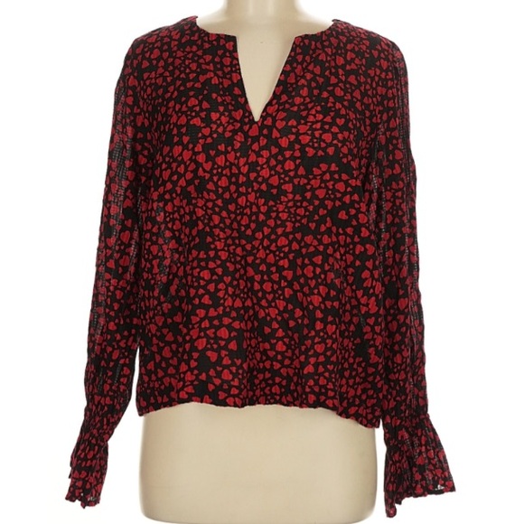 NWT ANN TAYLOR LOFT Black & Red Heart V-Neck Long Ruffle Sleeve Top Size Medium - Picture 3 of 6